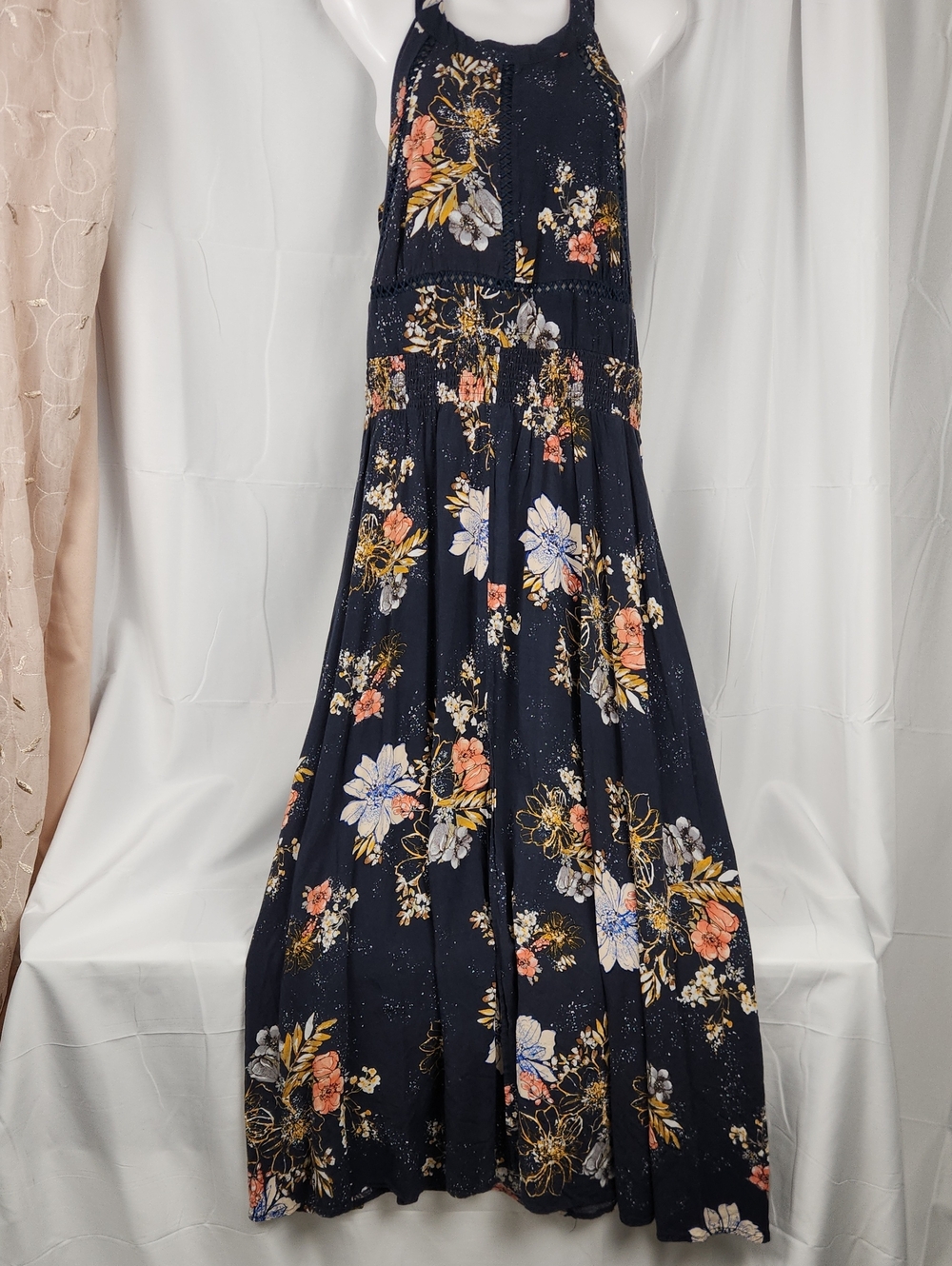 BP Navy Floral Halter Maxi Skirt with Smocked Waist (Nordstrom)